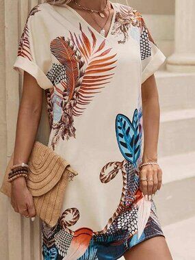 Summer V Neck Fold Sleeves Printed Dress